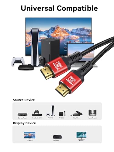 SKW HDMI Cable 25 FT Long - 8K@60Hz 4K@120Hz,48Gbps,Dynamic HDR 10,eARC,Dolby Atmos,Braided Cord,Compatible with Roku TV, PS5, HDTV - size: 25ft/7.6m