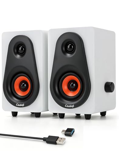 White Computer Speakers, White Wooden Desktop Speakers with Dual Diaphragms,12W USB High-Fidelity Stereo for PC, Laptop, Monitor, Tablet – USB Powered with Built-in Audio Output