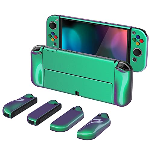 PlayVital AlterGrips Protective Slim Case for Nintendo Switch OLED, Ergonomic Grip Cover for Joycon, Dockable Hard Shell for Switch OLED w/Thumb Grip Caps & Button Caps - color: Glossy Chameleon Green Purple