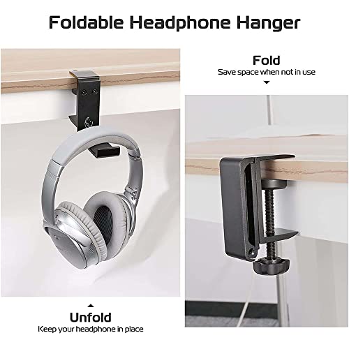 Under Desk Headphone Hanger, Foldable Aluminum Headset Hook for Clean Desk Setup, Space Saving Clamp Mount for Gaming & Home Office