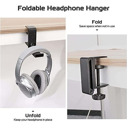 Under Desk Headphone Hanger, Foldable Aluminum Headset Hook for Clean Desk Setup, Space Saving Clamp Mount for Gaming & Home Office