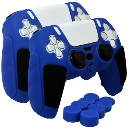 2 Pack Blue Anti-Slip PS5 Controller Skin,Soft Thicken Studded Protective Silicone Cover Skin Grips Compatible with PS5/Slim/Pro Controller and 8 PCS Thumb Grips Caps. (2 Pack Blue) - color: 2 Pack Blue