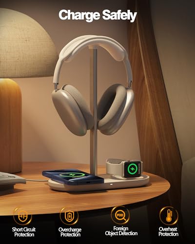 HiWe Headphone Stand, 2-in-1 MagSafe Wireless Charger for iPhone/iWatch | Headset Holder for All Headphones, Aluminum Alloy Bar, ABS Solid Base, PU Headrest, Table Desk Organizer - color: White