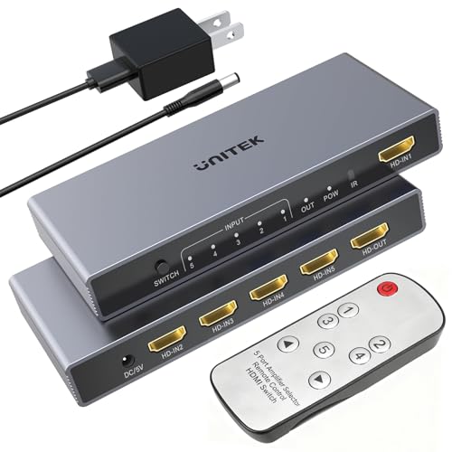 Unitek HDMI Switcher 5 Computers 1 Monitor with Remote Power Adapter | 4K HDMI Selector Switch Compatible with PC PS5 PS4 Xbox DVD Player Fire Stick TV Office Entertainment Home Theater - style: HDMI