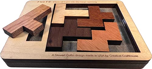 Creative Crafthouse Five Fit Small Stewart Coffin Wood Packing Puzzle, Hard | Slot every piece into one tray for a deceptively tough solve. A desk display and gift for serious solvers, made in USA - style: Five Fit