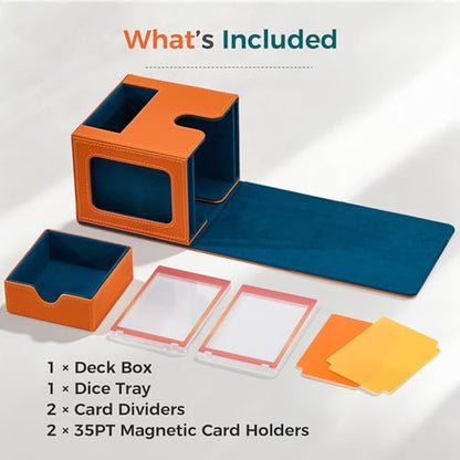 MTG Commander Deck Box with Dual Display Windows and Dice Tray | Fits 100 Double-Sleeved Cards, PU Leather, 2 Magnetic Card Holders, 2 Dividers, Orange & Teal - color: 3. Orange & Teal