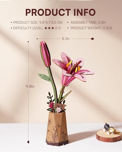 Rowood Wooden Flower Kit,DIY Artifical Flower Building Set Craft Kit for Adults,Mother's Day/Valentine's Day for Mom/Women/Grandma-Pink Lily - style: Pink Lily