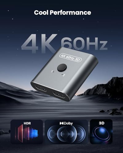 HDMI Switch 4K@60Hz, Bidirectional HDMI Splitter 2 in 1 Out, Aluminum HDMI Switcher Supports Ultra HD 4K 1080P 3D HDR, Compatible for Fire Stick, PC, Xbox, PS5/4/3, Roke, Blu-Ray Player