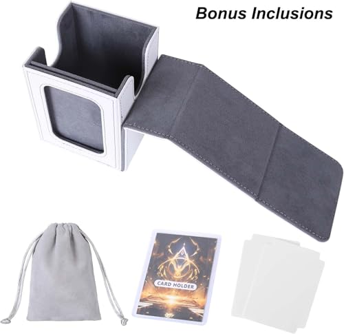 AFIING MTG Deck Box for Commander Display, Fits 100 Double Sleeved Cards, Magic Commander TCG Card Storage Box with 2 Dividers, Drawstring Bag and 1 Toploader (White/Grey) - color: Commander White Grey