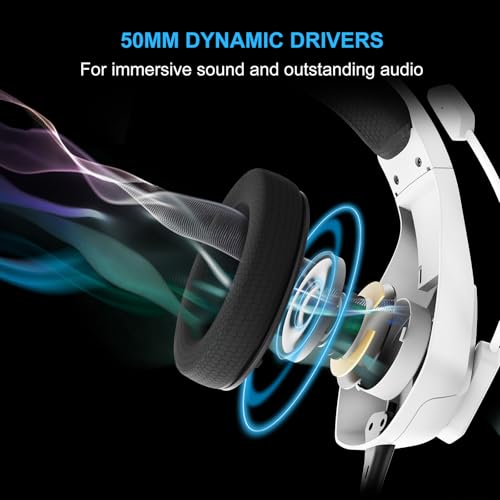 FOXXRAY BAL-67 Gaming Headset for PC, PS4, PS5, Xbox, Surround Sound, Wired Headphone with Noise Canceling Microphone, 50MM Dynamic Drivers, 3.5mm Audio Jack, Breathable Mesh Ear Cushions - White