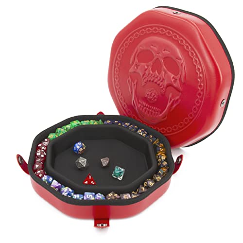 CASEMATIX Dice Tray and Dice Storage Case for Up to 115 RPG Dice - Dice Tray for Rolling with Magnetic Snaps, Embossed Skull Design and Non-Scratch Interior for Random Rolls Dice Protection - color: Red