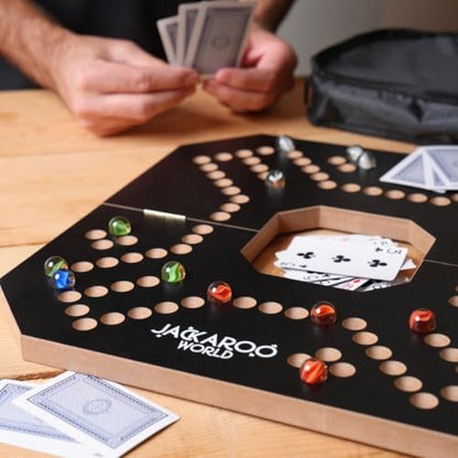 Jackaroo Board Game, 2-4 Player Jokers and Marbles Board Game, Solid Wooden Game with 16 Glass Marbles and 52 Cards, Marble Chase Game, Card and Marble Game, Foldable Board with Carry Bag (Black) - color: Black