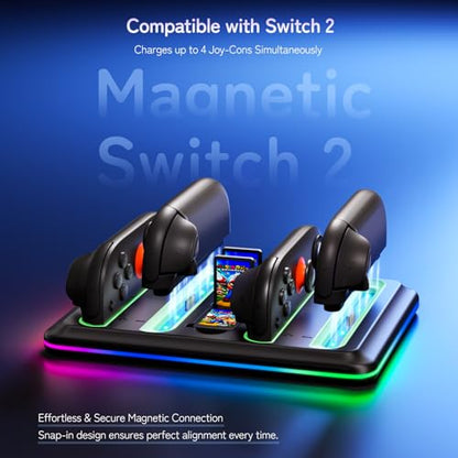 Controller Charging Dock for Switch 2 Joy-Con with RGB Light - 4-in-1 Fast Charger Station for Nintendo Switch 2 Controllers - Magnetic Auto-Align Base with 4 Game Card Slots & LED Indicators