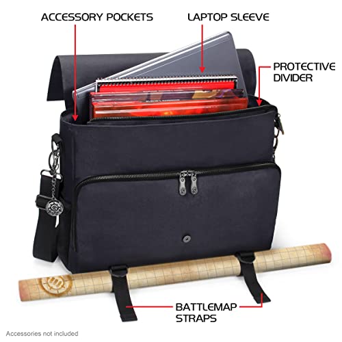ENHANCE Collector's Edition RPG Player's Essentials DnD Bag - Dragon Hide Exterior Messenger Bag Fits 2-4 Books, Binders, Dice & Accessories, with 17 inch Laptop Slot, Battlemap Straps (Dragon Black) - color: Dragon Black