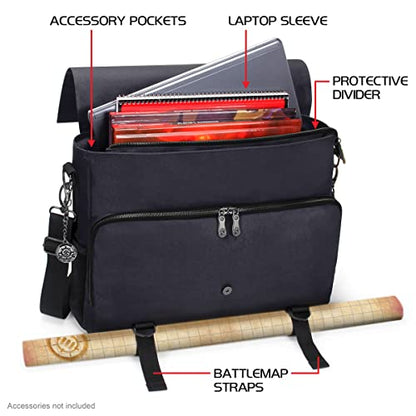 ENHANCE Collector's Edition RPG Player's Essentials DnD Bag - Dragon Hide Exterior Messenger Bag Fits 2-4 Books, Binders, Dice & Accessories, with 17 inch Laptop Slot, Battlemap Straps (Dragon Black) - color: Dragon Black