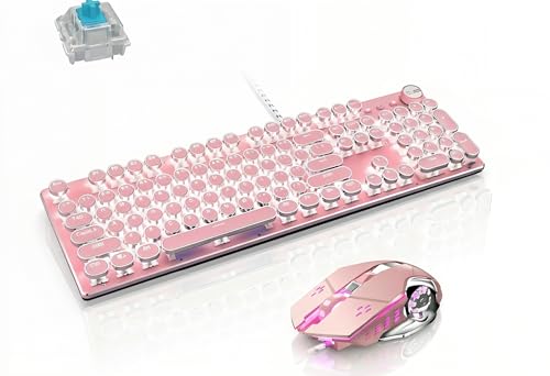 Basaltech Mechanical Gaming Keyboard and Mouse Combo, Pink | Retro Steampunk Vintage Typewriter-Style, LED Backlit, 104-Key Anti-Ghosting Blue Switch, Wired USB Metal Panel Round Keycaps
