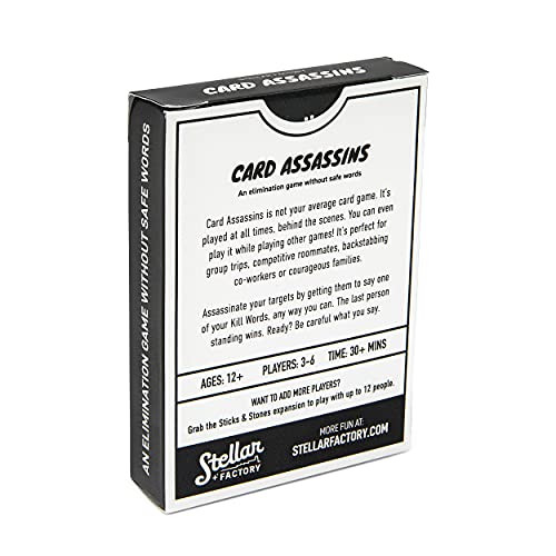Stellar Factory Card Assassins Party Game, Word Elimination, 3-6 Players | Expandable: Sticks and Stones adds 200+ new words & doubles capacity to 12; 90-second rules, no setup, play anywhere. - size: Card Assassins