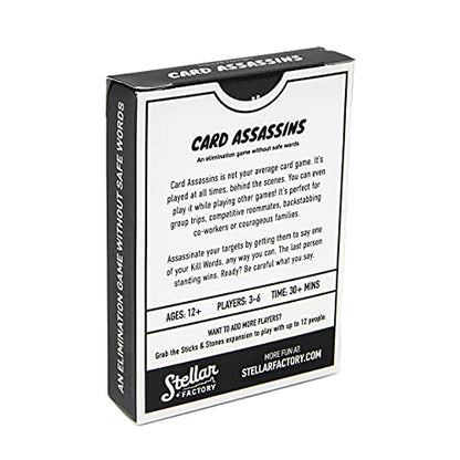 Stellar Factory Card Assassins Party Game, Word Elimination, 3-6 Players | Expandable: Sticks and Stones adds 200+ new words & doubles capacity to 12; 90-second rules, no setup, play anywhere. - size: Card Assassins