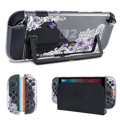 DLseego Protective Case Flower Floral Clear Switch 2 (2025), Detachable Joy-Handle Protective Case 2-Piece Split Full Wrap PC Hard Shell Anti-Scratch All-Round Protection Cover, Butterfly, Purple - color: Purple 1