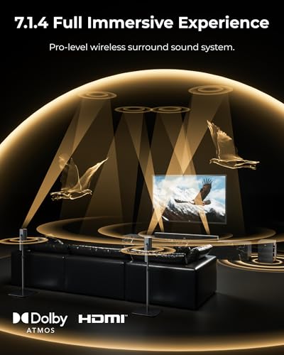 ULTIMEA 7.1.4ch Professional Surround Sound System w/Dolby Atmos, 980W Wireless Sound Bar for Smart TV with 10" Wireless Subwoofer, 20Hz Low Frequency, GaN Amplifier, 4K HDR Pass-Through, Skywave X70