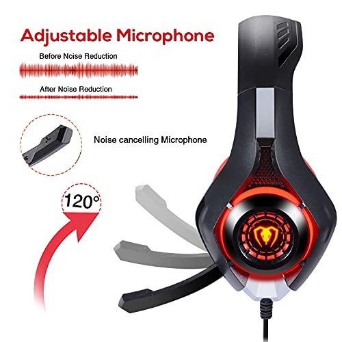 Stereo Gaming Headset for PlayStation 4 PS4, Over-Ear Headphones With Mic and LED Lights for Xbox One, PC, Laptop (Red)