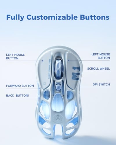 GravaStar Mercury M1 Pro Gaming Mouse, 78g Lightweight Magnesium Alloy, 26,000 DPI, PAW3395DM Sensor, 5 Programmable Buttons, Support Wired/2.4GHz/BT, Up to 200 Hours Battery Life - color: Ice Blue