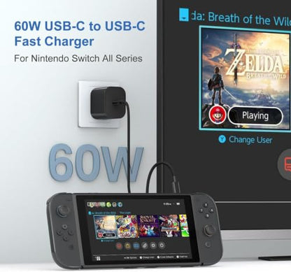 Switch 2 Charger - 60w Charger for Nintendo Switch 2/1，20V 3A PD3.0 Fast Charging Power Supply with 6.6FT USB C Cord Compatible with Switch/OLED/Lite/Steam Deck - Support 4K TV Mode