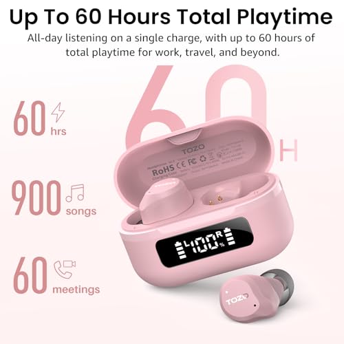 TOZO NC9 Hybrid Active Noise Cancelling Wireless Earbuds, 60H, LED Display | 6 Mic ENC Clear Calls, Deep Bass Sound, IPX8 Waterproof, in Ear Bluetooth 5.3 Headphones,32 EQs via APP, Comfort Fit Ear Buds - color: Dusty Pink