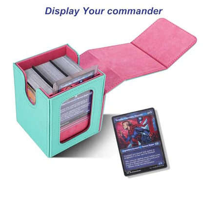 AFIING MTG Deck Box for Commander Display,Card Deck Case Fits 100 Double Sleeved Cards, Magic Commander TCG Card Storage Box with 2 Dividers,Dice Bag and 1 Toploader(Green Rose pink) - color: Commander Green Rose Pink
