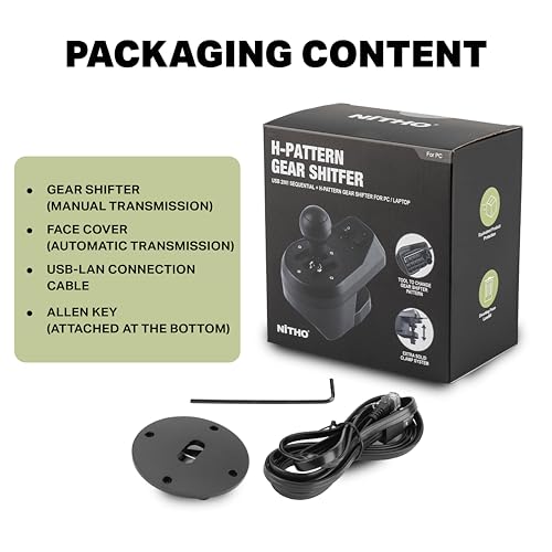 Nitho USB Shifter for PC Sim Racing, 6-Speed H-Pattern Gear Shifter with Reverse, Interchangeable H-Pattern & Sequential Plates, Racing Wheel Shifter for Windows PC Driving Simulators