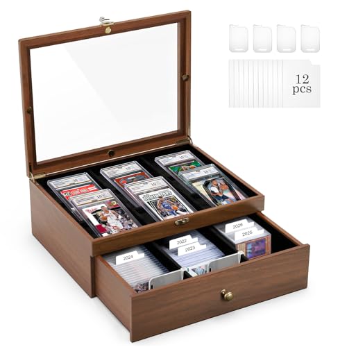 Emfogo Trading Card Storage Box, Wooden Graded Sports Card Display Case | Trading Card Display Case, Adjustable Drawer Dividers, TCG Card Storage Boxs, 1800+ Card Organizer for TCG, MTG, Sports Cards