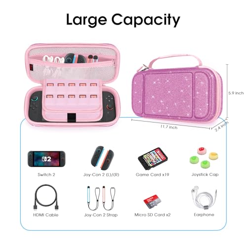 FINTIE Carrying Case for Nintendo Switch 2 (2025), Shockproof Hard Shell Switch 2 Case, Protective Cover Travel Bag with 19 Game Card & 2 Micro SD Card Slots & Inner Pocket, Glittering Purple - color: Glittering Purple