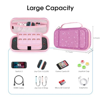 FINTIE Carrying Case for Nintendo Switch 2 (2025), Shockproof Hard Shell Switch 2 Case, Protective Cover Travel Bag with 19 Game Card & 2 Micro SD Card Slots & Inner Pocket, Glittering Purple - color: Glittering Purple