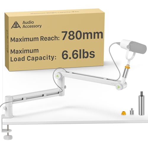 AA AUDIO ACCESSORY White Boom Arm Low Profile (Design for Heavy Mic) 6.6lbs Load Capacity, Gear Lock Structure Never Sags, Metal Microphone Stand Desk Mount for Shure SM7B MV7+, Blue Yeti, Rode PodMic - color: White