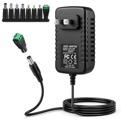 inShareplus 12V 2A Power Supply Adapter, 24W AC to DC Universal Adapter with 8 DC Tips (5.5×2.1mm), Replacement for LED Strip Lights, Router, DVR and Other 12V Devices - size: 12V2A 24W