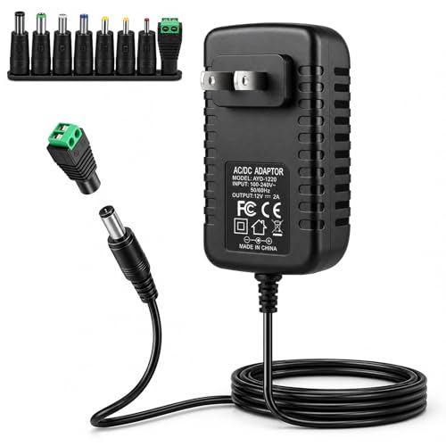 inShareplus 12V 2A Power Supply Adapter, 24W AC to DC Universal Adapter with 8 DC Tips (5.5×2.1mm), Replacement for LED Strip Lights, Router, DVR and Other 12V Devices - size: 12V2A 24W