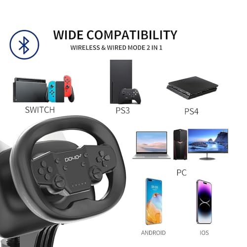 DOYO Wireless Gaming Steering Wheel, Multi-Platform Racing Wheel Compatible for Switch/PC/PS4/PS3/iOS and Android Phones (Black) - color: Black