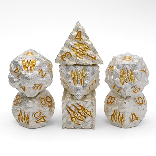 Dragon Scale Metal Dice Set-Dragon Claw,with Gift Metal Box for TTRPG Tabletop Gaming,Dungeon Masters,RPG Adventures(White) - color: White