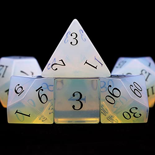 Haxtec Opal Stone Dice Black Numbers Gemstone DND Dice Set Polyhedral Dice with Dice Case D&D Compatible with Dungeons and Dragons TTRPG D&D Master Gift - color: White Black
