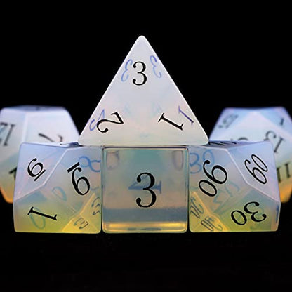 Haxtec Opal Stone Dice Black Numbers Gemstone DND Dice Set Polyhedral Dice with Dice Case D&D Compatible with Dungeons and Dragons TTRPG D&D Master Gift - color: White Black