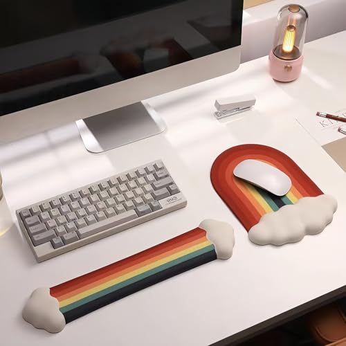Gel Cloud Keyboard Wrist Rest Cute Rainbow Mouse Pad with Wrist Rest for Computer Keyboard and Mouse Pad Set PU Base Silicone Ergonomic White Cloud Wrist Pad Support for Gaming Desk Laptop Home Office - color: 2pcs Rainbow Cloud