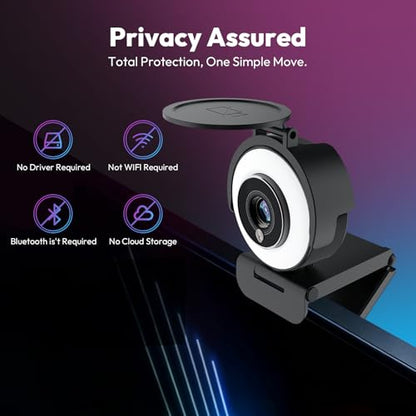 Angetube 4K Webcam with Ring Light, Computer Web Camera for Desktop, Laptop | 4K@30FPS, PDAF Autofocus, 1080P@60FPS, 2 Microphones, USB-A/C, Privacy Cover, Streaming Web Cam for PC Mac, Zoom Teams Twitch
