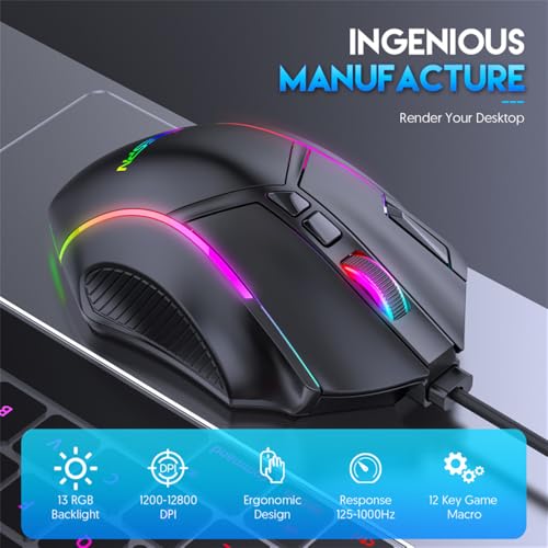 RGB Wired Gaming Mouse with High-Precision 12,800 DPI Adjustment, Customizable RGB Lighting, 12 Programmable Buttons, Ergonomic Comfort Grip Design,for Windows Computer Gamer