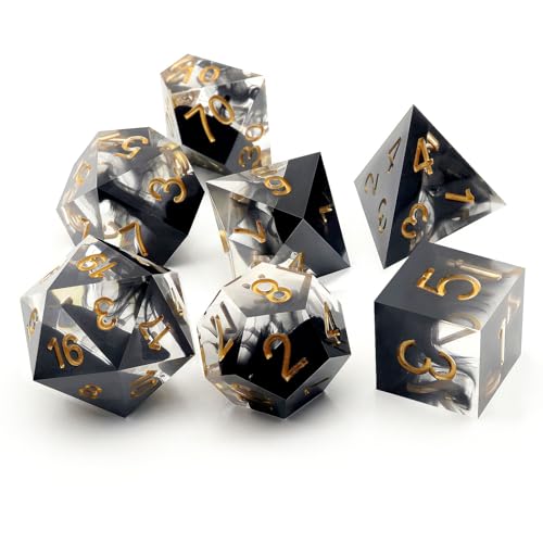 Haxtec Sharp Edge DND Dice Set, Black Swirls Resin Polyhedral RPG Dice | Dark Soul D&D for Role Playing Games, Compatible with Dungeons and Dragons, Handmade 7-Die with Metal Case, TTRPG Gifts - color: Black