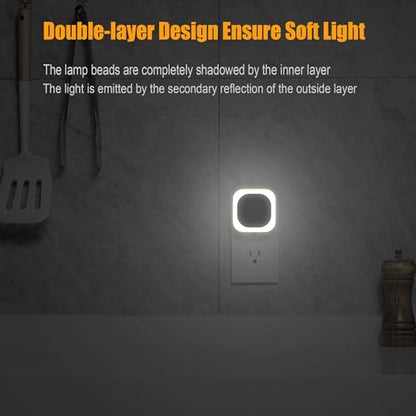 2 Pack Daylight White Night Light, Gentle Eye-Care with Dimmable Wide-Glow & Indirect Reflection, Auto Dusk to Dawn Sensor, Plug in for Kitchen Counter, Garage Workshop, Laundry, Hallway | Dimmable, Dusk to Dawn Sensor, Daylight White, Eye-Care Reflected