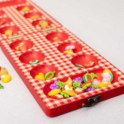 ban.do Mancala Picnic Theme Board Game for Adults, Fun Table Game with Wooden Board and 48 Fruit Shaped Resin Pieces for 2 Players (Fruit)