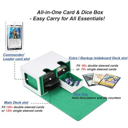 MTG Deck Box for Commander Display with Dice Tray (White＆Green) | Holds 200 Single/160 Double-Sleeved Cards, Fit MTG/PTCG/OPTCG Cards, Strong Magnet, With 2 Dividers & 1 Magnetic Card Holder - color: White＆Green