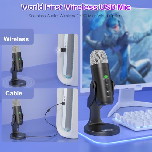 ZealSound Wireless Microphone,USB Mic for iPhone PC iPad Android Phone-Cordless Condenser Desktop Microphones with Mute Echo Monitor Volume Gain 2.4GHz for Podcast,ASMR,Gaming,YouTube Video/K66 Black