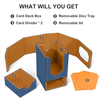 Card Deck Box for MTG Commander, Fits 100+ Double-Sleeved Cards Card Case | with Detachable Dice Tray, 2 Dividers, Removable lid, Trading Card Storage Box, Sturdy and Durable, Fits TCG/PTCG/Sports Card - color: Gray Blue and Brown