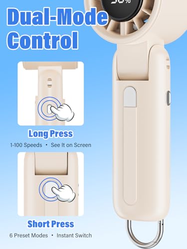 AI Handheld Fan Turbo, 100-Speed Portable Fan Rechargeable, Mini Fan with 12800 RPM Strong Airflow, Foldable 4-in-1 Personal Fan for Travel, Camping, Beach & Office, USB-C & Lightweight & Quiet - color: Beige